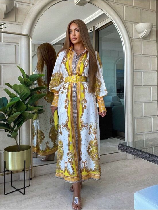 Kaimilan Dresses & Skirts - White and Yellow Printed Maxi Shirt Dress with Matching Belt Size 6